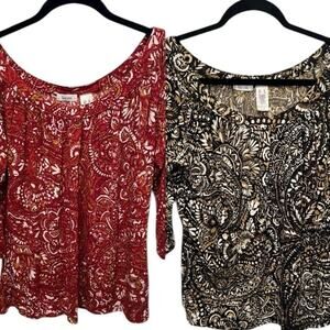 Liz & Co Blouse Bundle Paisley Red Black 3/4 Sleeve Boho Tops - XL